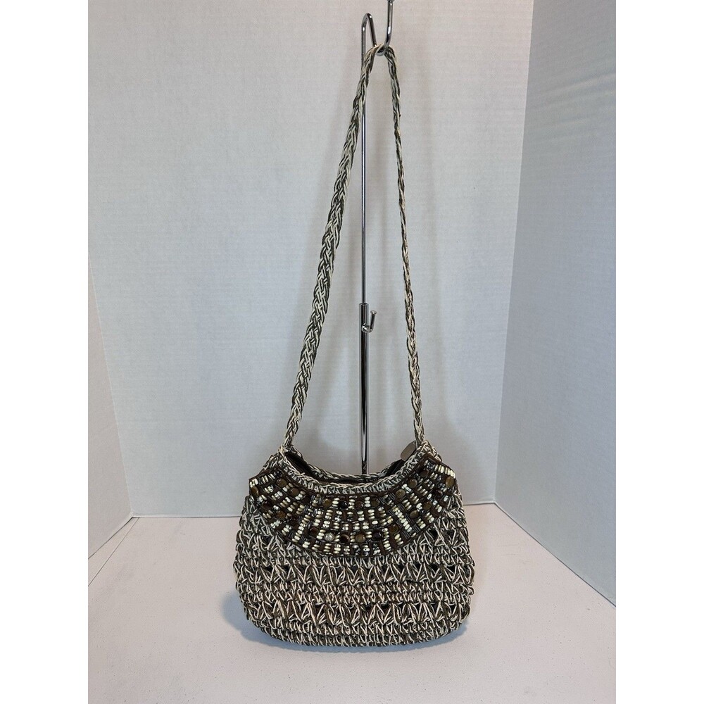 Vintage Sun N San Brown 1986 woven macramé beaded bohemian BoHo‎ shoulder bag
